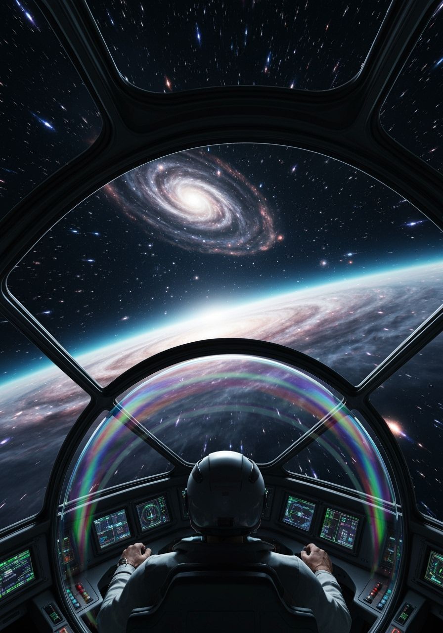 The cutting-edge, futuristic intergalactic aircraft's cockpit, equipped with reinforced transparent domes for optimal visibility and protect...