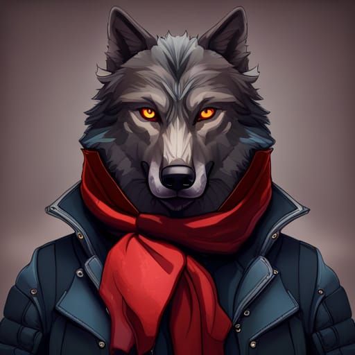 A Portrait of a black anthropomorphic wolf with blue eyes we...