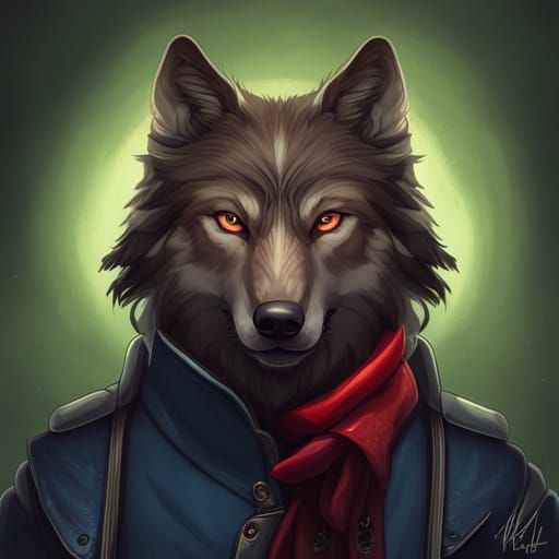 A Portrait of a black anthropomorphic wolf with blue eyes we...
