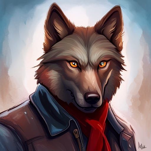 A Portrait of a black anthropomorphic wolf with blue eyes we...