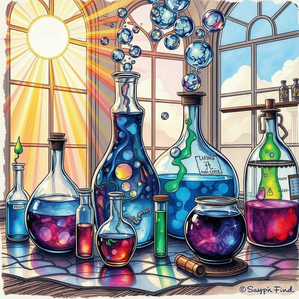 A surrealistic potion lab made of  flowing liquids in glass carboys, testtubes & a glass cauldron, sun shines through large windows and illu...