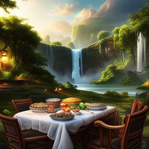 Table with food on it looking out to waterfall