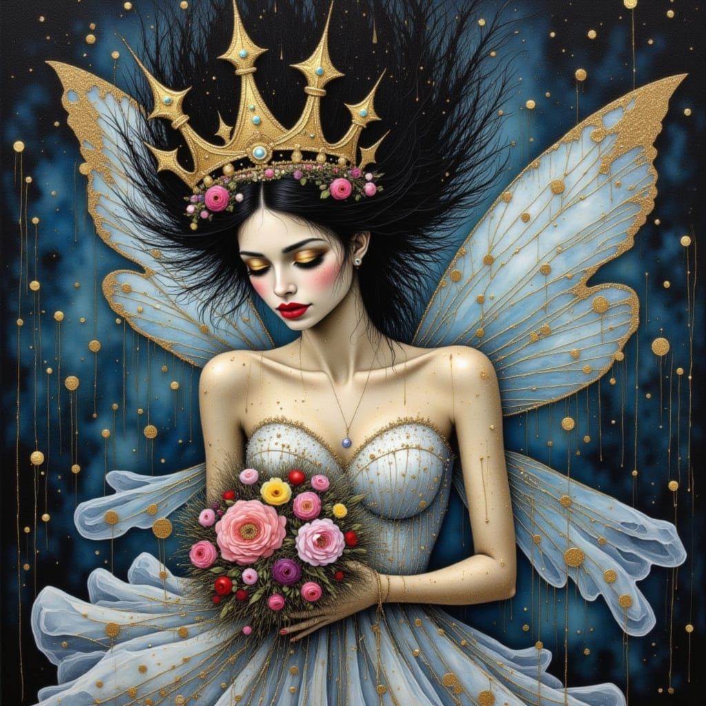 <lora:Fae:1.0> <lora:Surreal Shine:1.0> watercolor and metallic alcohol inks painting of a female fairy swimming underwater with flowers in ...