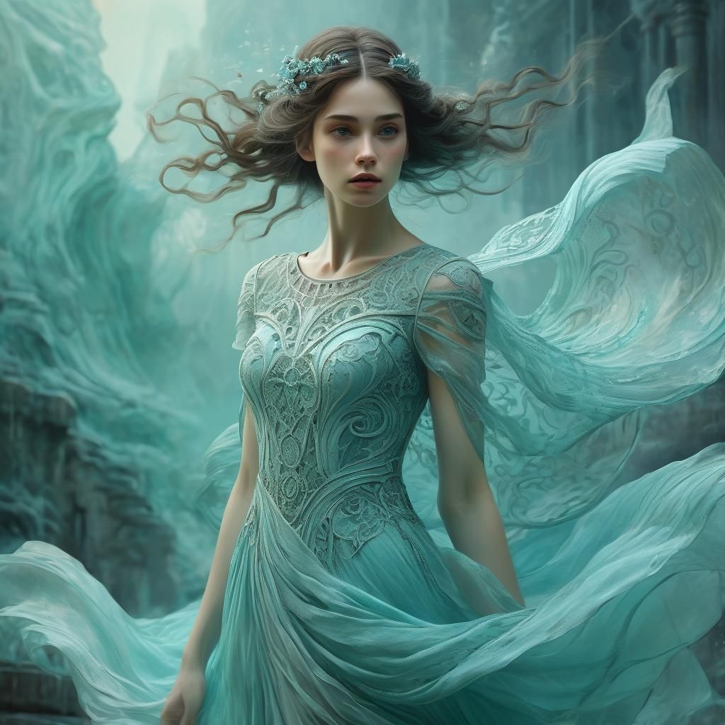 Misty Woman in Aqua Chiffon Dress: Watercolor Art