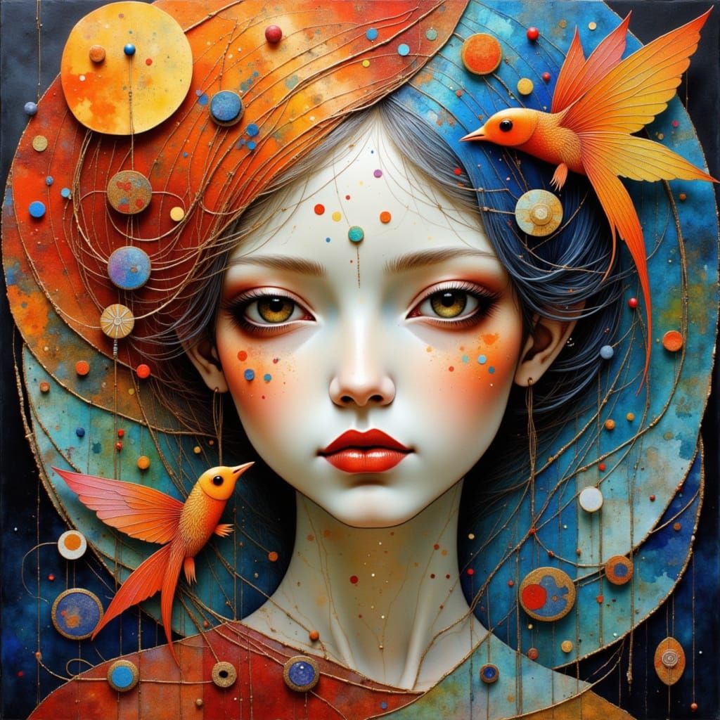 portrait mystic fire cute idyllic circle motifs gold leaf, mixed media on watercolor paper Miho Hirano WLOP looking_down dolllike fae ember-...