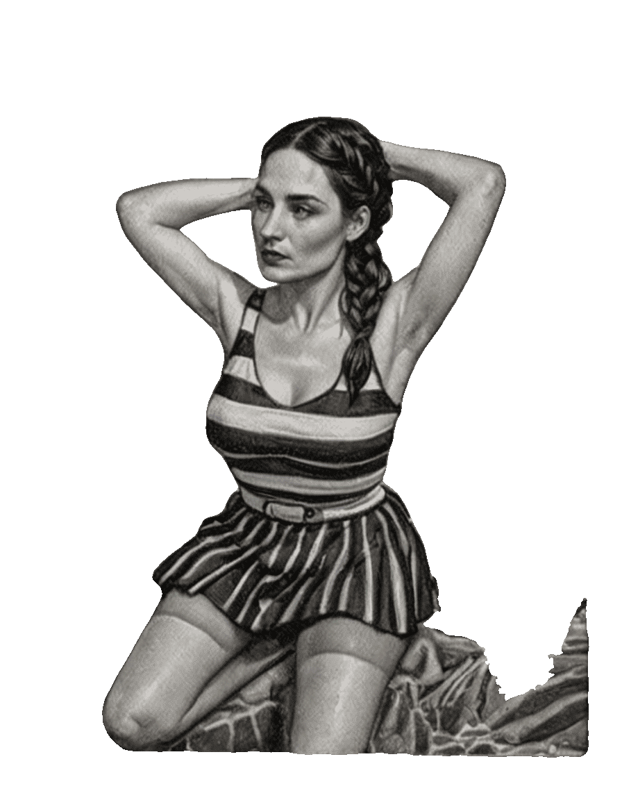 young woman with pale skin black hair in a braid 1920s bathi...