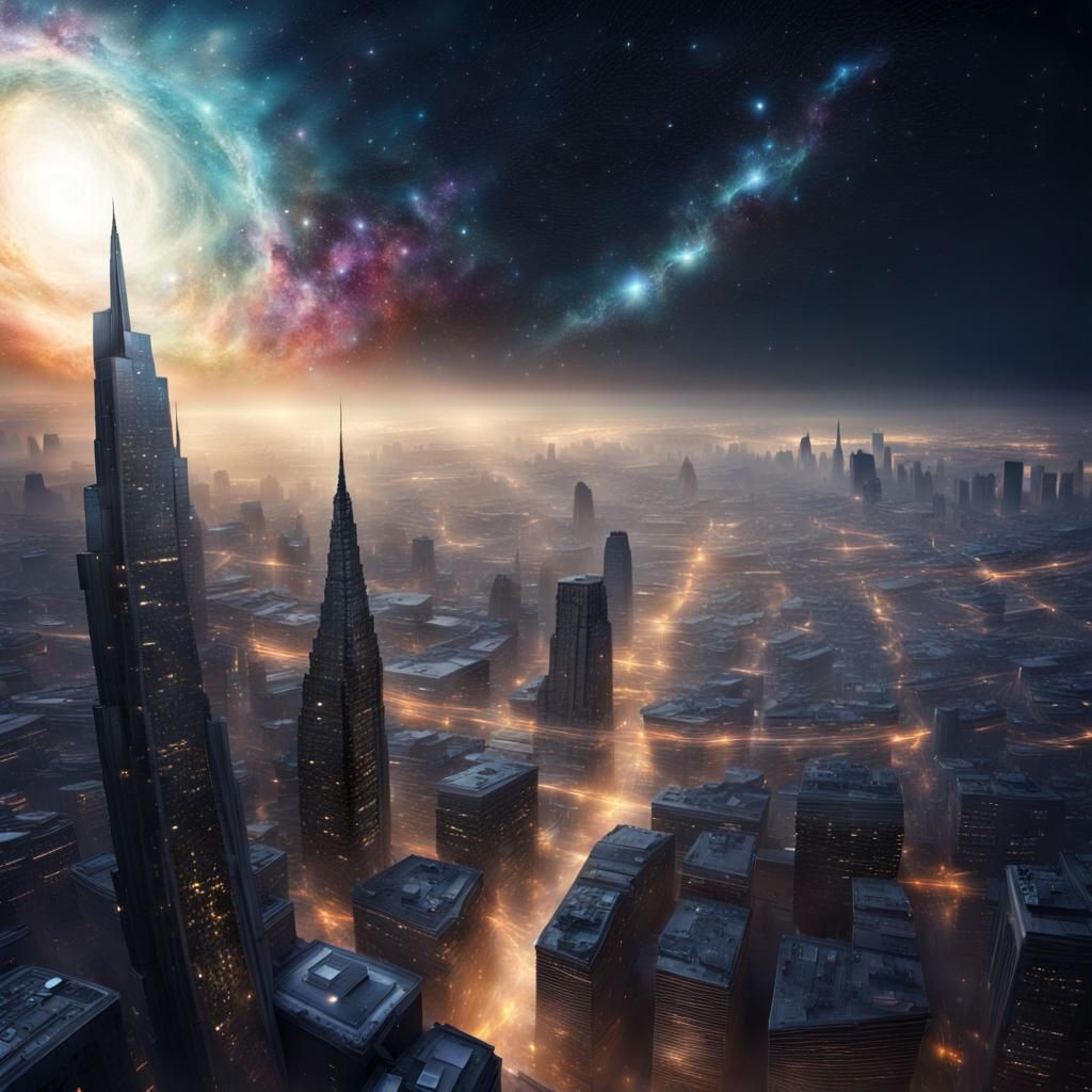 Mystical Galaxy Over Metropolis: Photorealistic AI Art