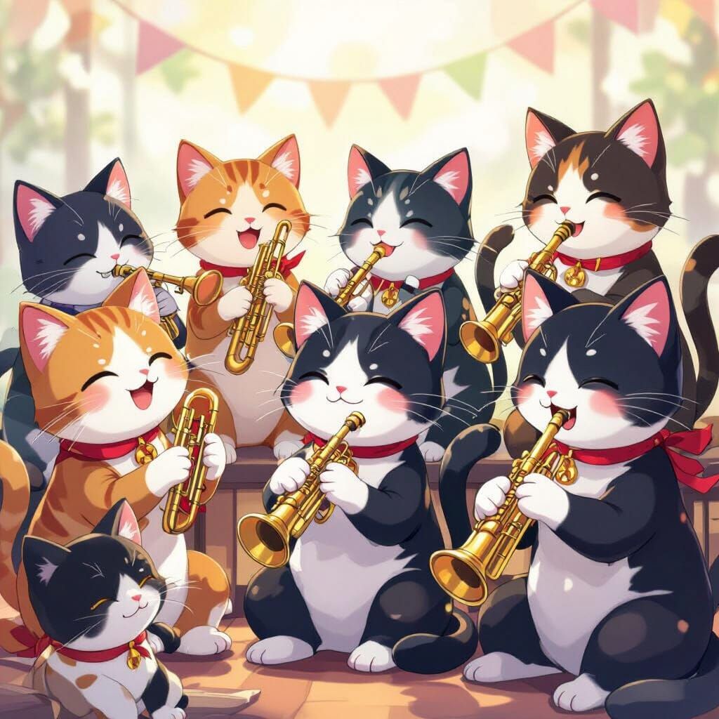 Cats Playing Musical Instruments in Anime Style