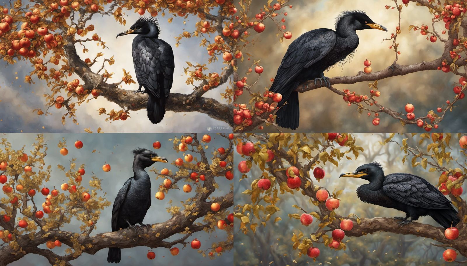 An ugly black cormorant perches on the branch of a golden mallorn tree