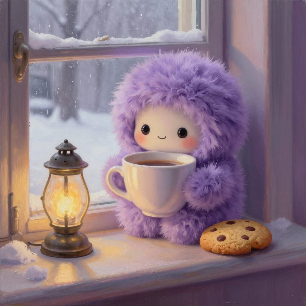 Fluffy Purple Coffee Cup on Cozy Windowsill