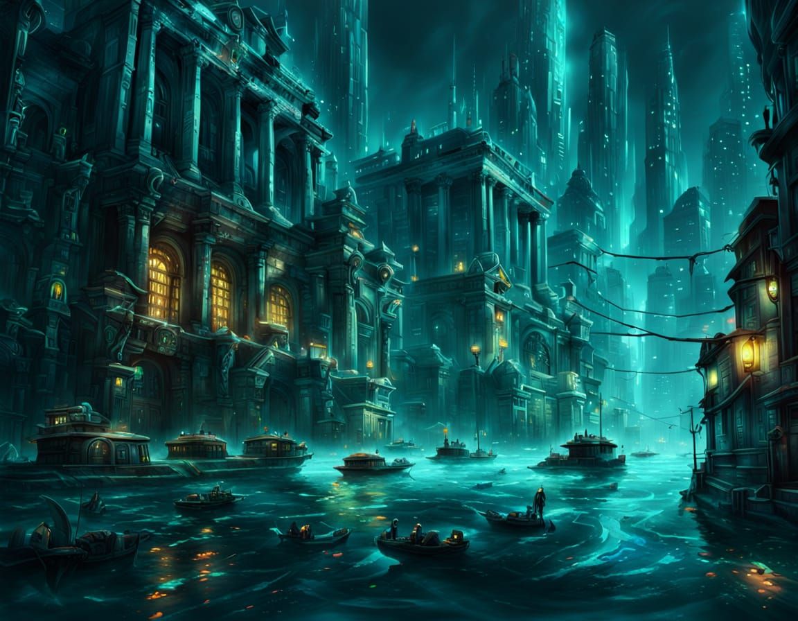 Medium shot. An underwater city glows with bioluminescent light, with futuristic buildings and vehicles ...  by @Matthew Convento