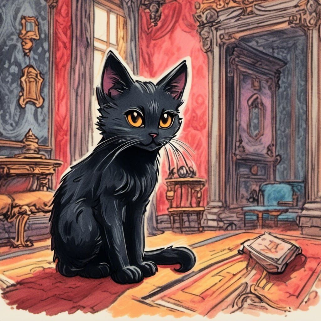 <lora:Crayon Story Book:1.0>A beautiful Crayon drawing portrait of anime chibi cute black cat  animal in a haunted manor room , pastel,  Met...