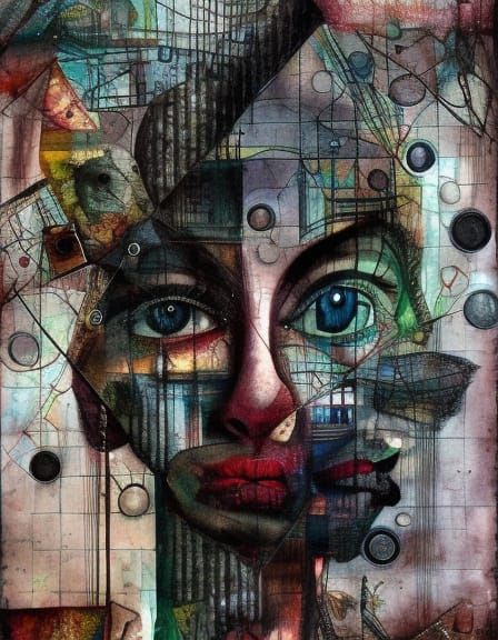 Surreal Portrait with Geometric and Textile Art Elements