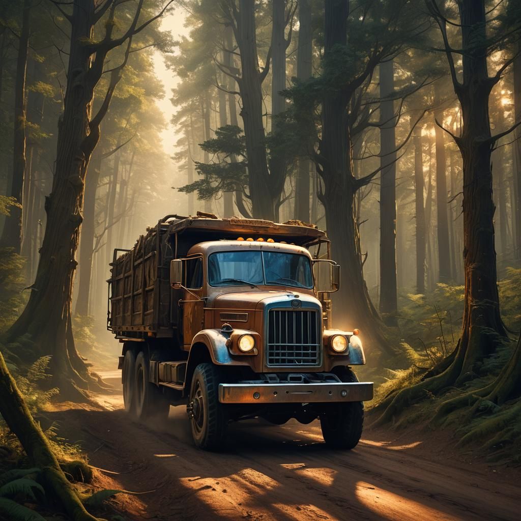 Mystical Truck Journey Through Dreamlike Forest: Digital Mat...