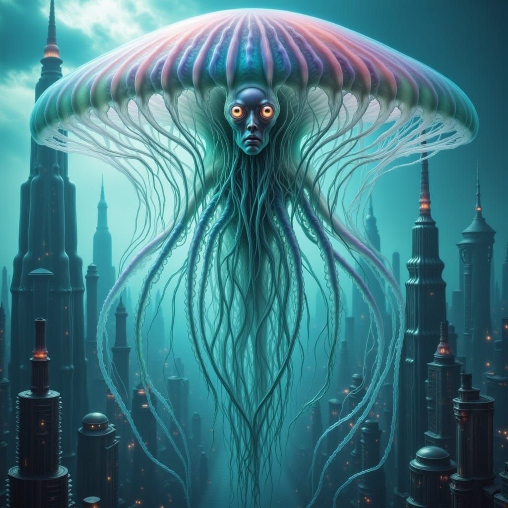 giant Transparent jellyfish alien godzilla flying over skyscrapers <lora:Jellyfish Alien V1:1.0> 