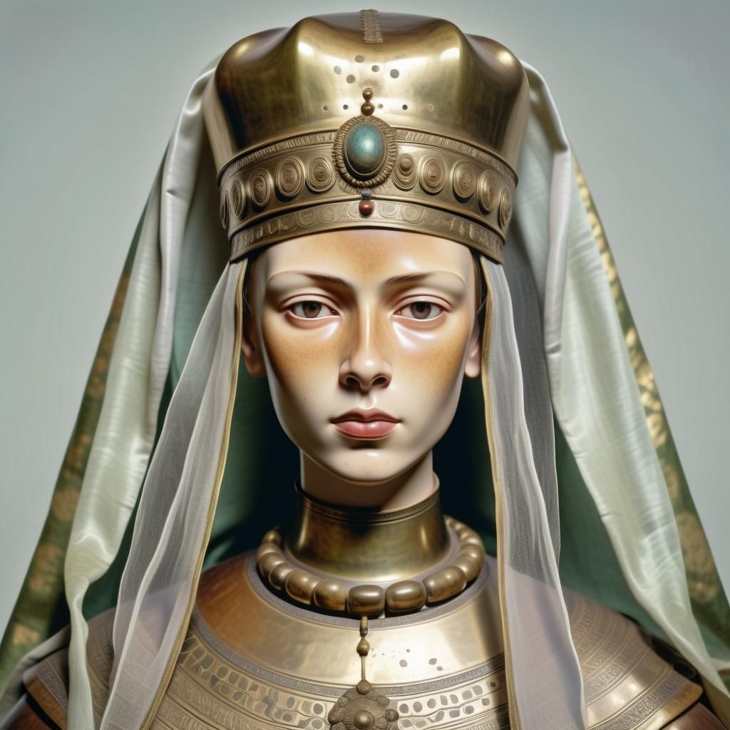 Beautiful tsarina with kokoshnik and veil, fullfigured, brass sarafan. volumetric lighting sharp focus flickering light hyperdetailed Egon S...