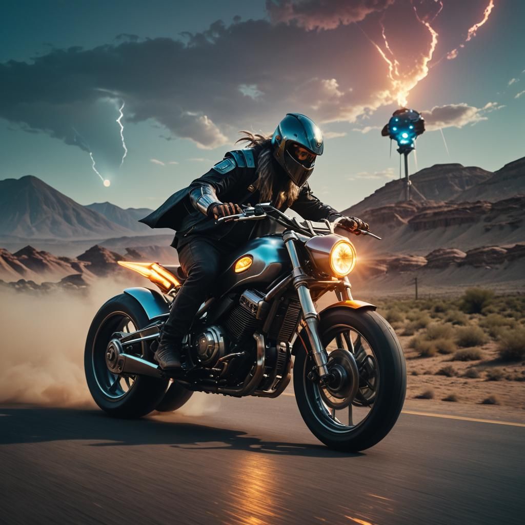 A wizard riding a futuristic motorcycle.