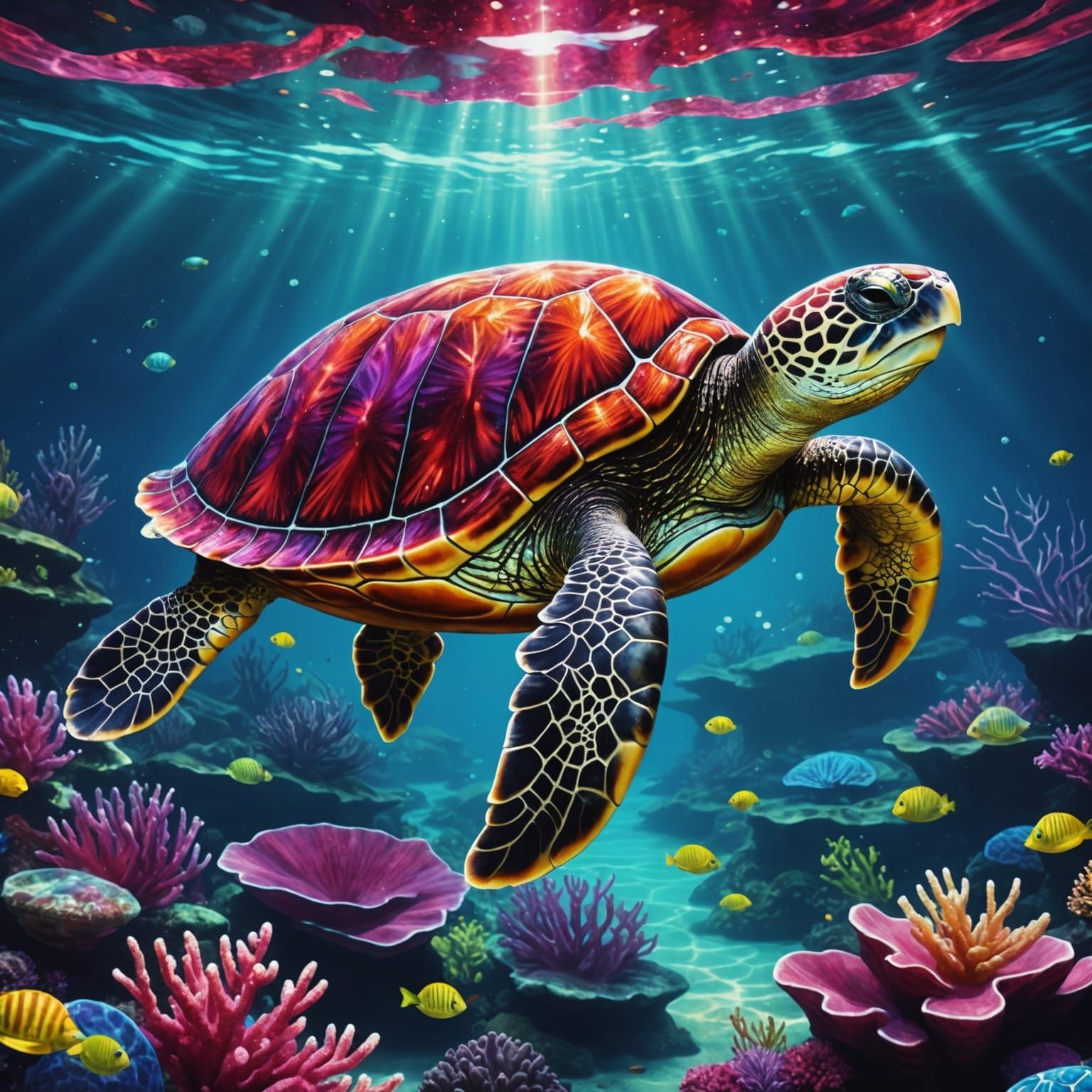 Ruby encrusted turtle swimming in the sea  by @Melissa Fischer