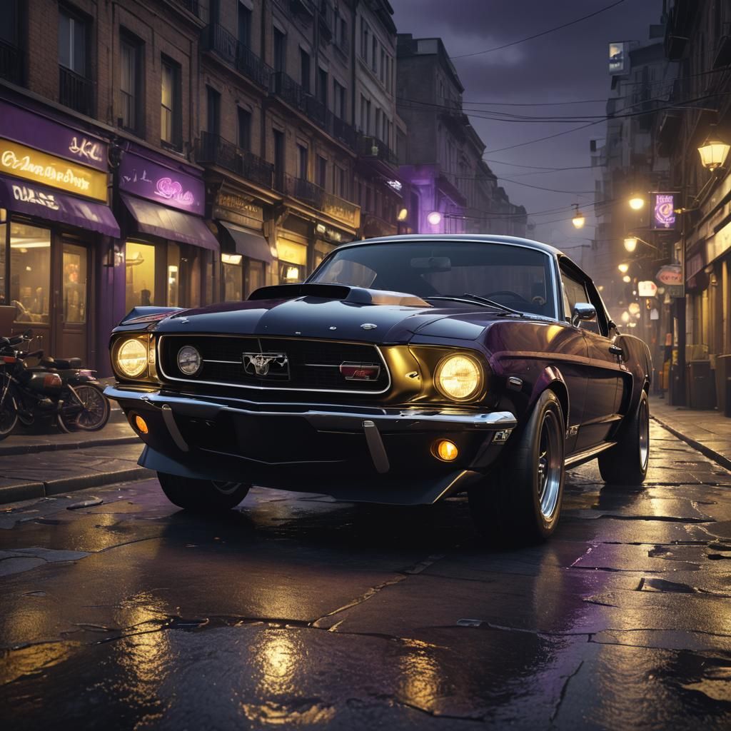 Classic Mustang muscle car dark black with headlights on in a dark ...