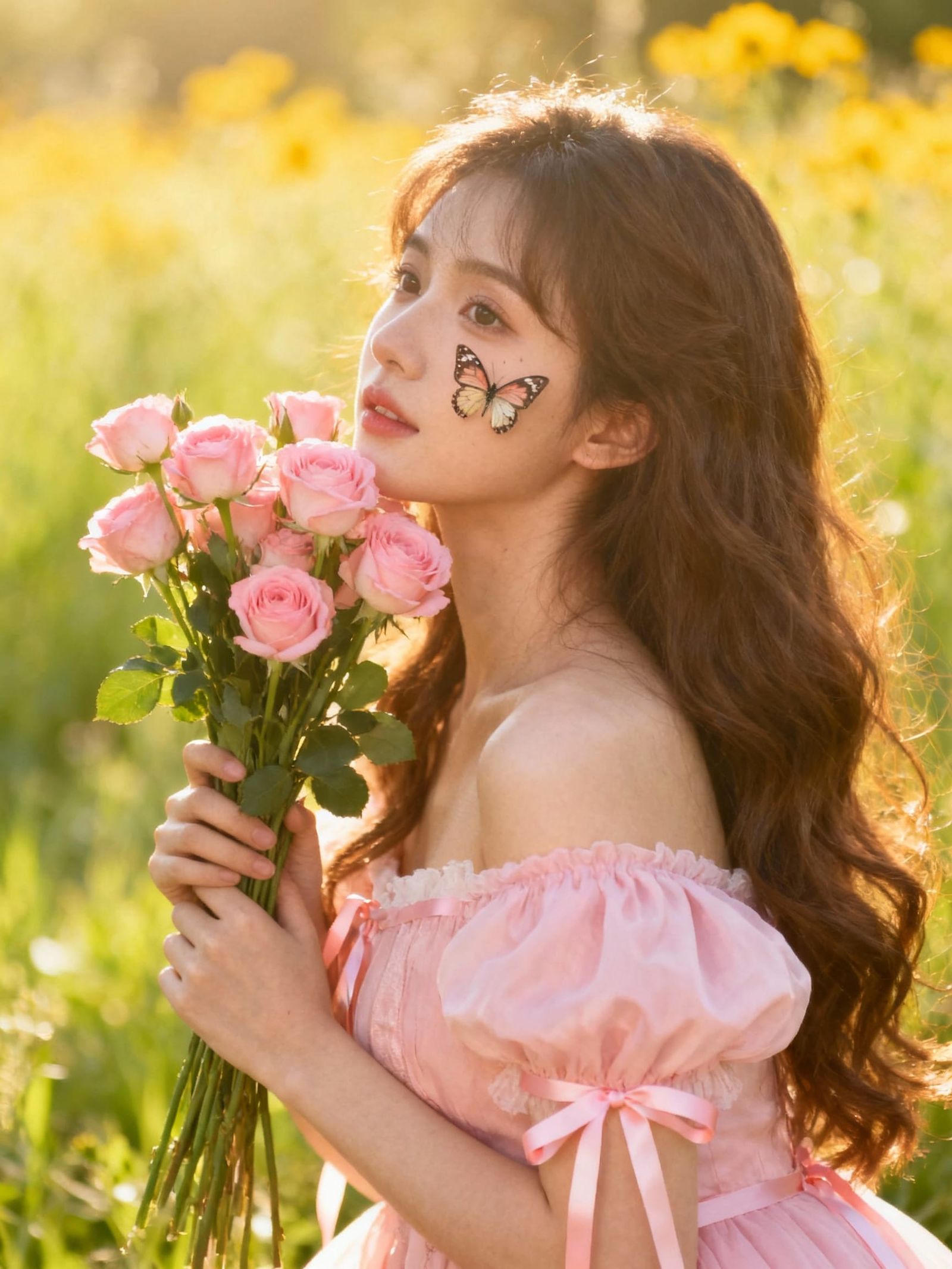 Woman with Roses in Sunlit Field, Whimsical Butterfly