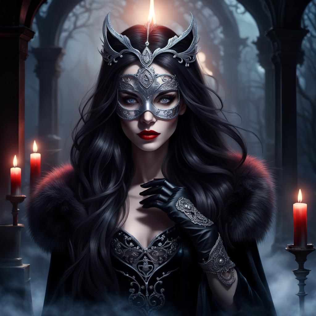 mysterious woman, hypnotic blue eyes , long flowing black hair, thin silver mask, moonlight, black gloves, ...  by @BlackSaturn