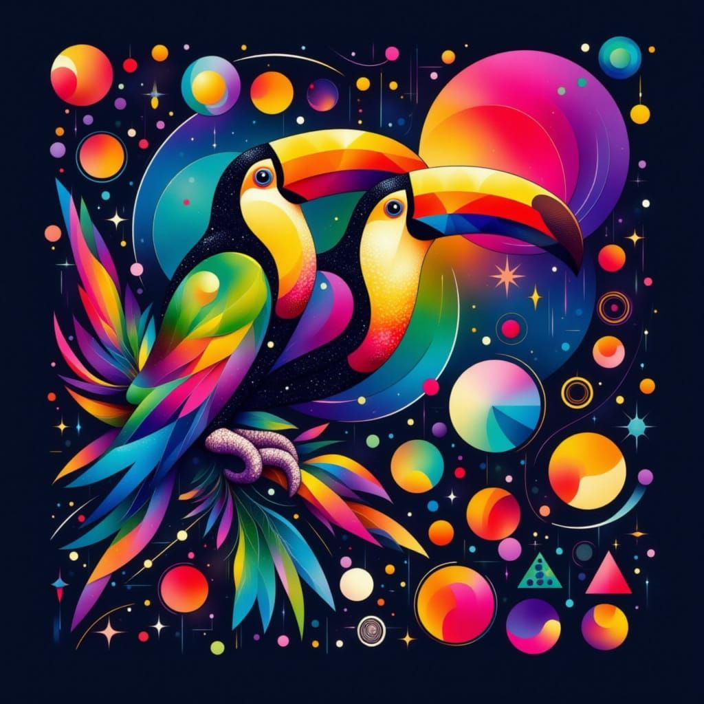 <lora:GeometricAbstraction:1.0> vibrant toucan and solar system with circular and angular shapes