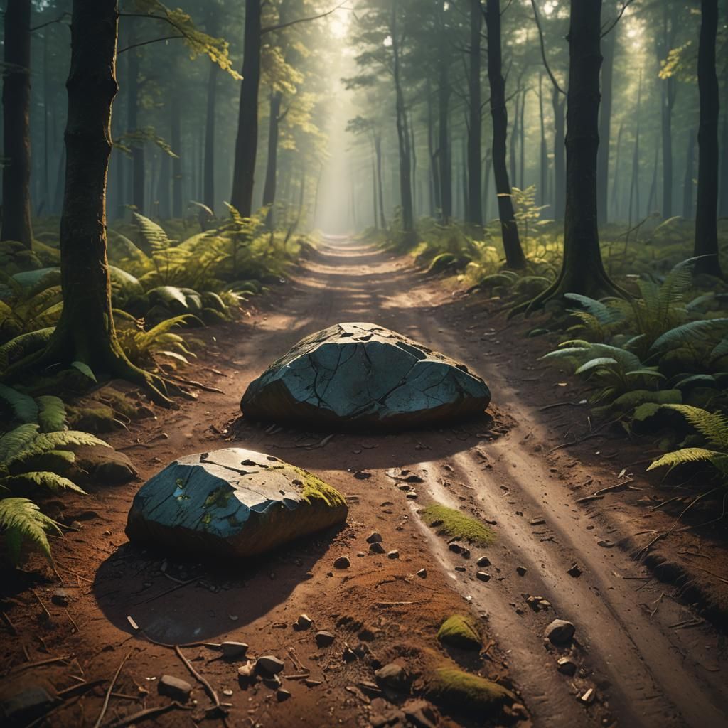 one stone in the middle of the road in a forest full of tree...