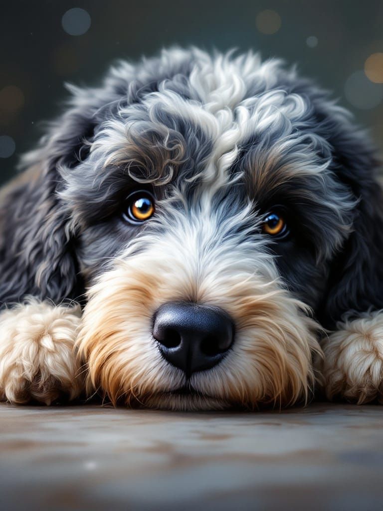 Surreal Blue Merle Sheepadoodle Portrait in Digital Art