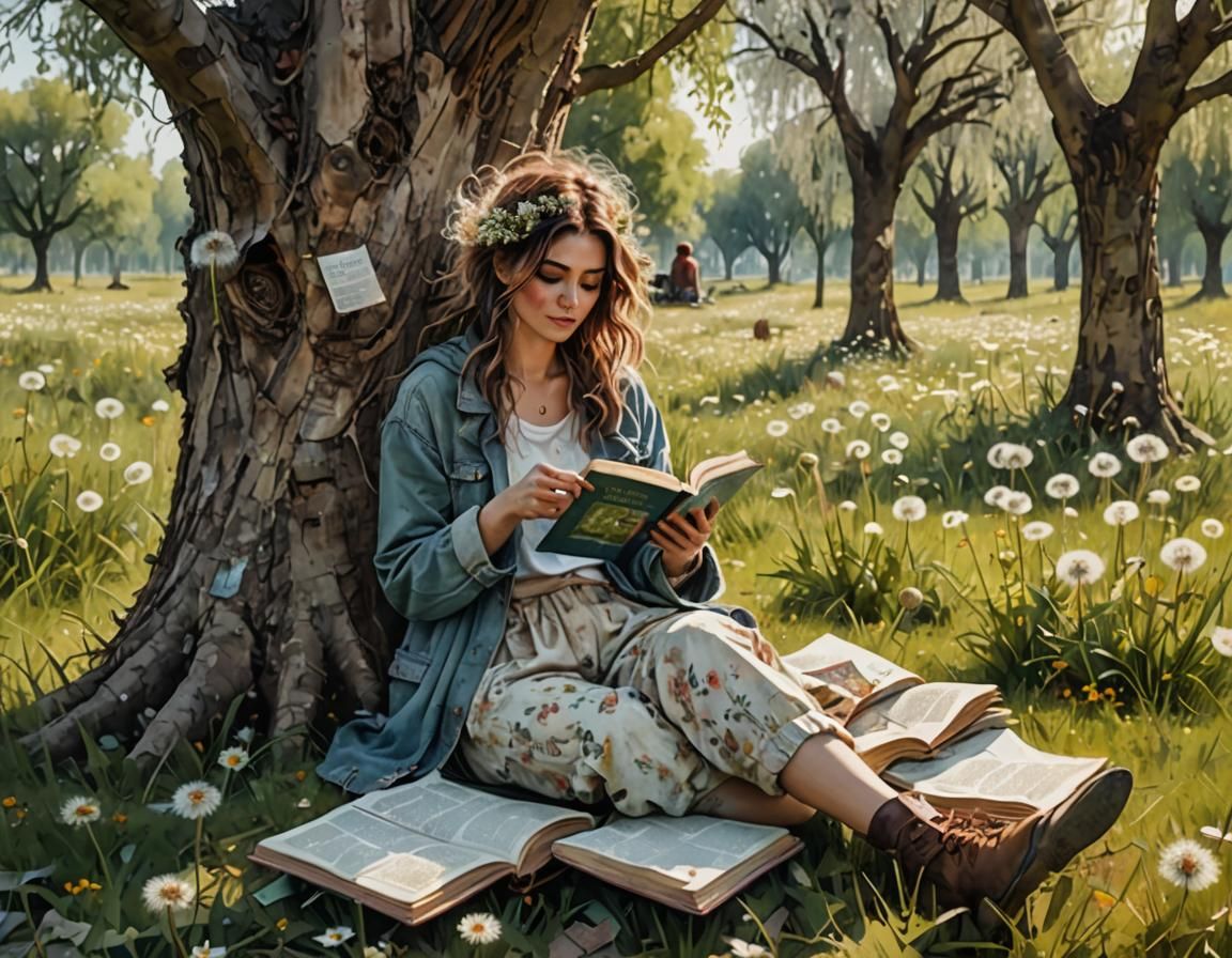 Charming woman with unruly hair sitting under a tree in a da...
