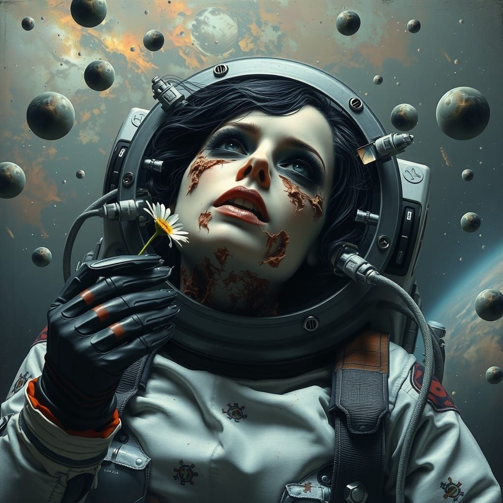 Katy prrys body floating through space lifeless with daisy in hand ,she has been dead for a long time there are alien maggots chewing on her...