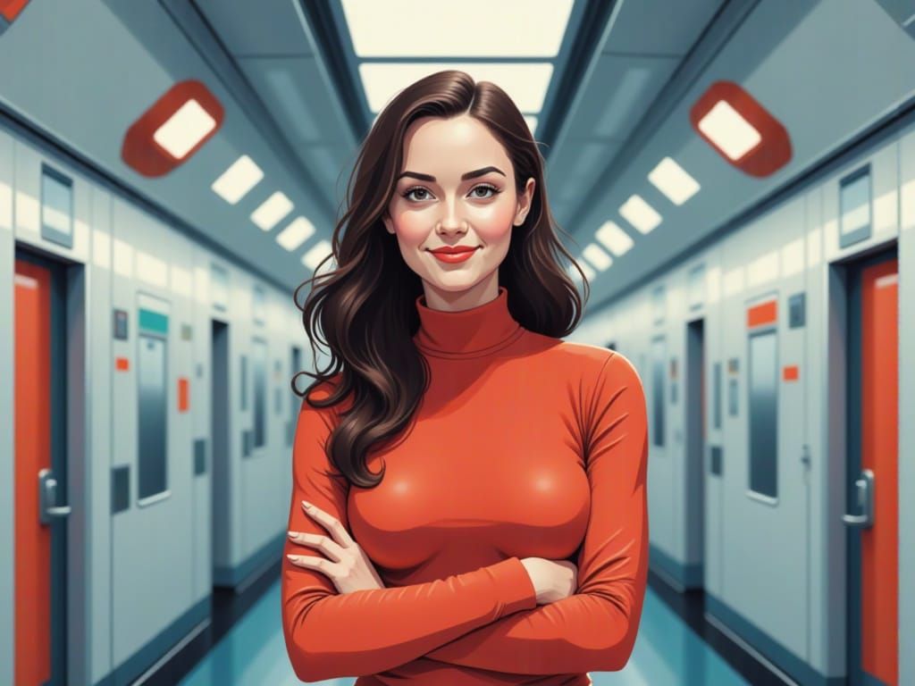 A beautiful Polish woman smiles wistfully, standing in a spaceship corridor. <lora:Cosmic Clear Pop:1.0> Uniform lines, Vibrant colours with...