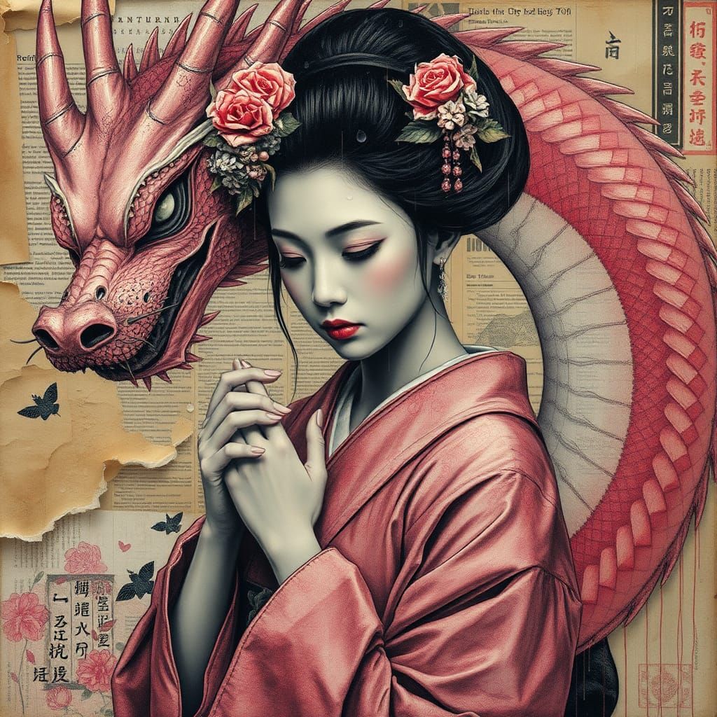 "geisha and japanese pink dragon." Collage. Beautiful charcoal and pink ink portrait. Mixed media. Newspaper ...  by @Eclectic shambles