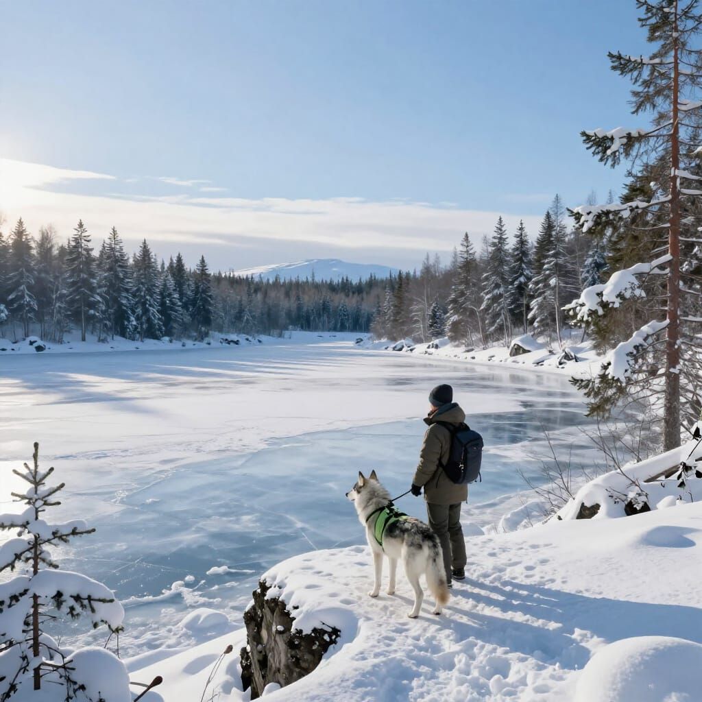 Photorealistic winter landscape in the Nordic countries: a person stands on a snowy cliff next to a dog, ...  by @JennaM