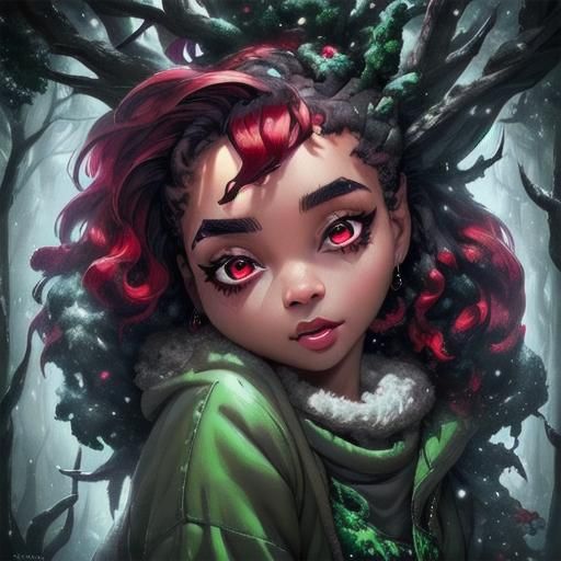 <lora:Eunhagye Bijeon:1.0>,, Goth Beautiful Woman, Short Curly Red Hair, Green Multilayered Eyes, Sharp Eyebrows, Forest, Snow, detailed hea...