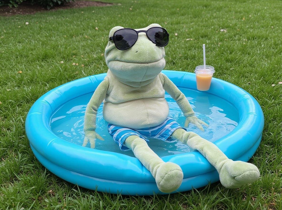Let this frog wear swim trunks and sun glasses and sit in an inflatable swimming pool for babys. He has a cold drink on ...