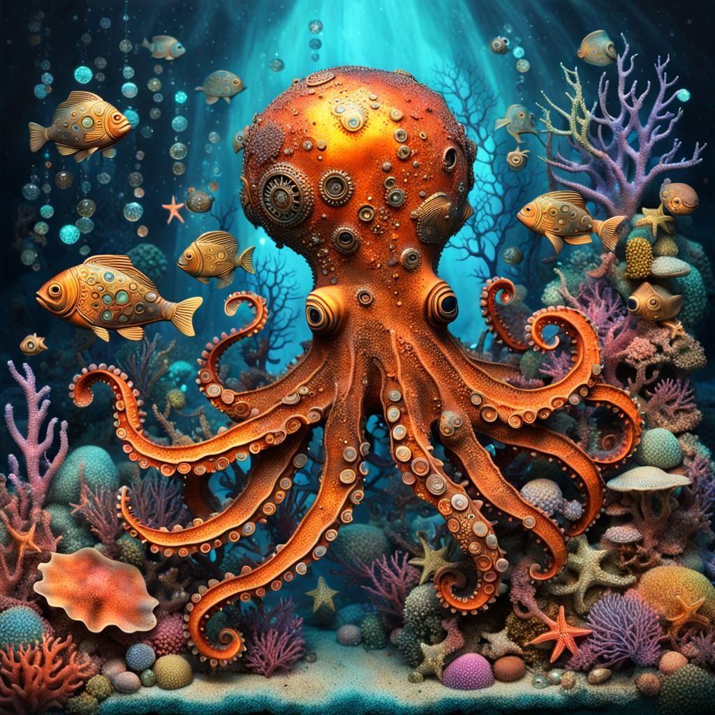 A colourful surreal steampunk rusty coral reef with fish and an octopus, hard brushed, black outlines, ...  by @Andy Does AI