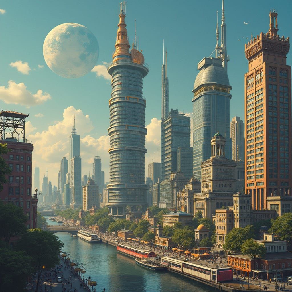 Airplane Over Tokyo at Night in Retro-Futuristic Style