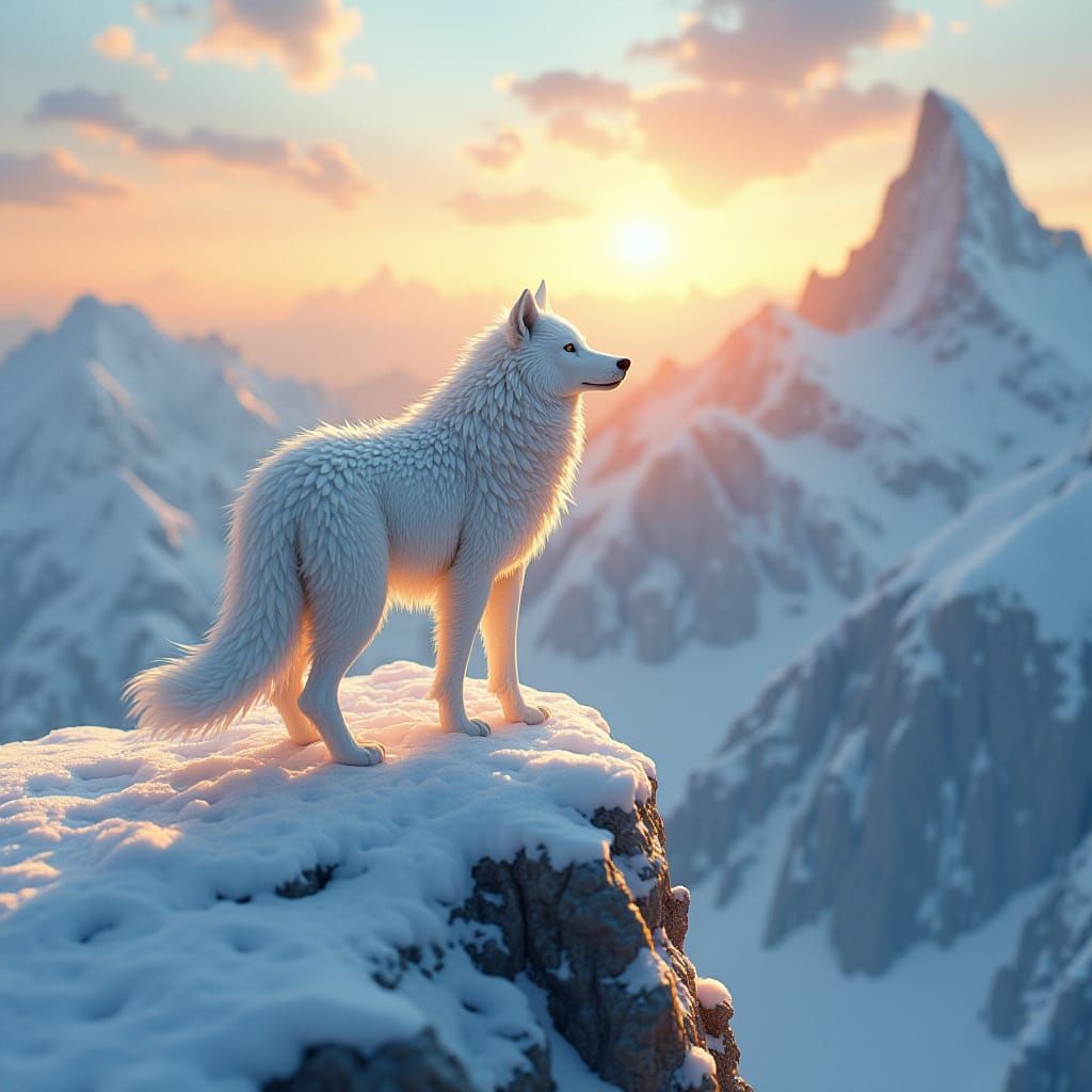 Majestic Wolf on Snow Mountain Peak at Sunrise