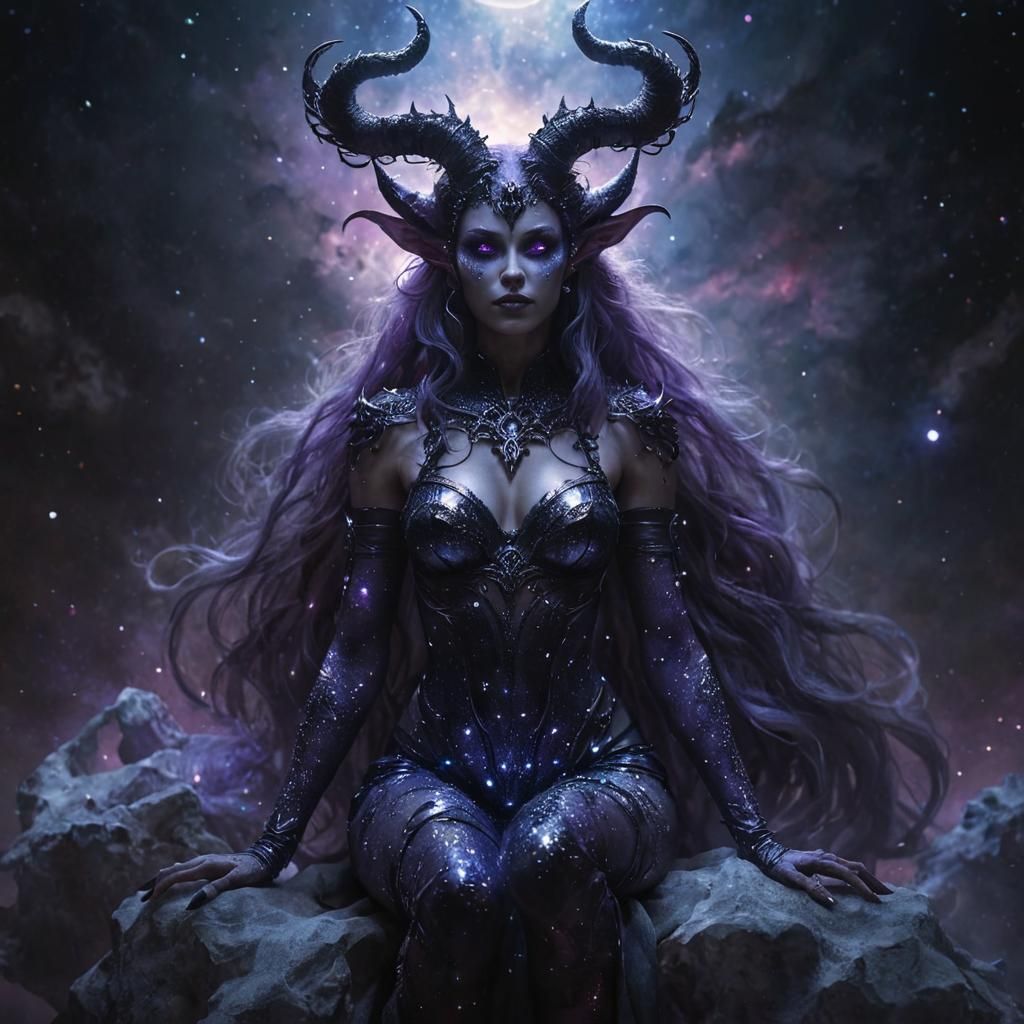 A portrait of the Goddess Eris with demonic horns and white purple eyes without irises and cosmic skin made of stars and galaxies