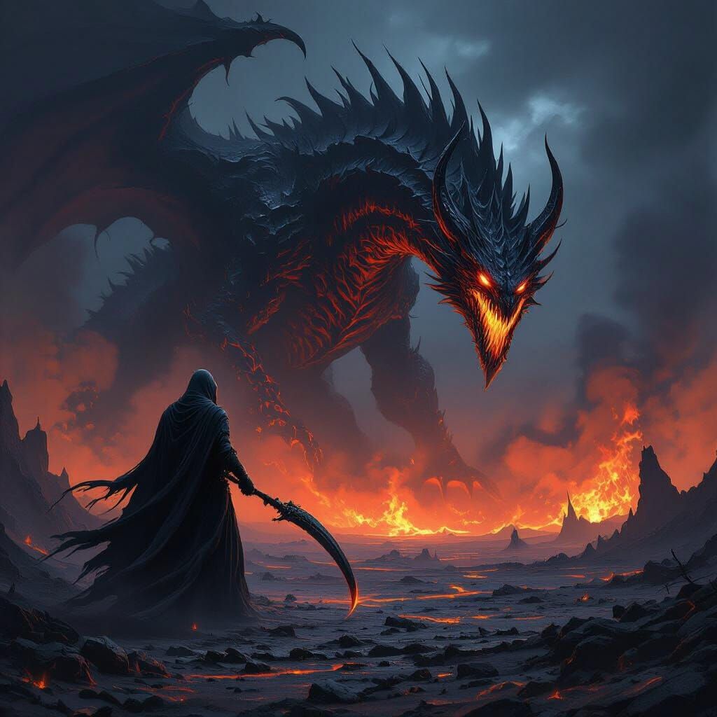 Grim Reaper Hunts Darkness God Amidst Magma Dragon Battle