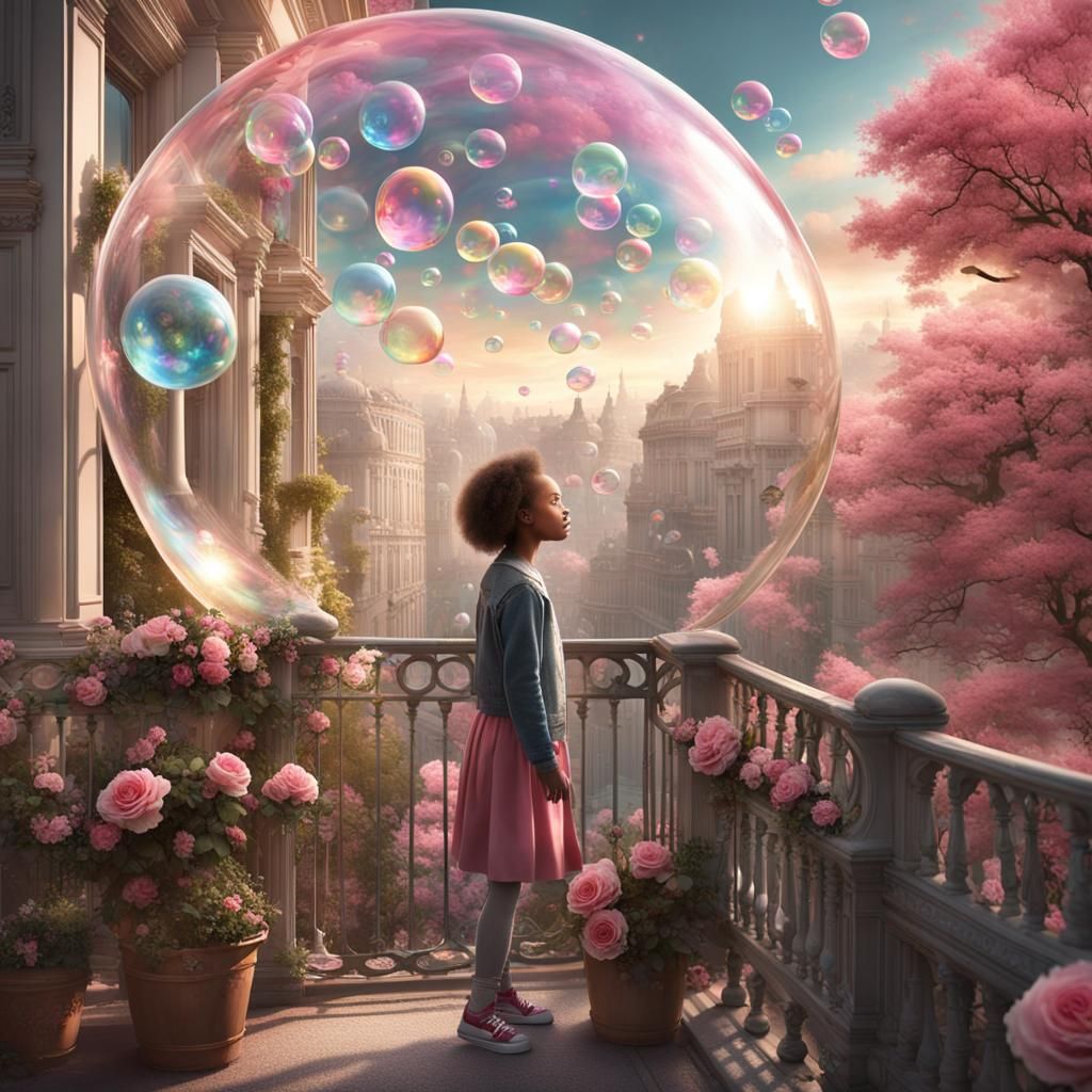 a young woman inside a huge soap bubble rolls along the aven...