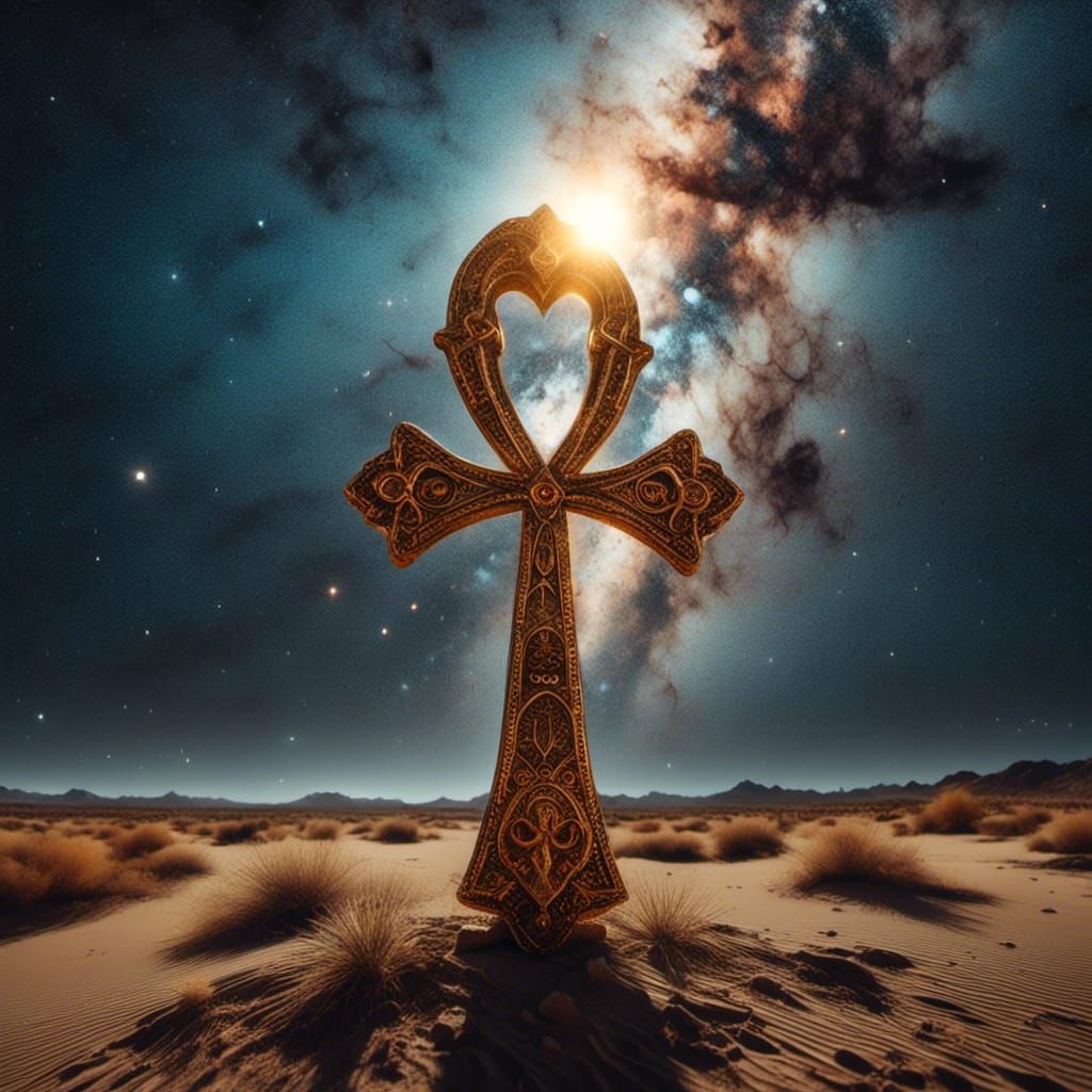 Golden Ankh Radiates Light in Desert Night Sky