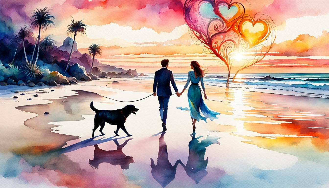 couple walking on the beach with there dog  by @Lady on Fire