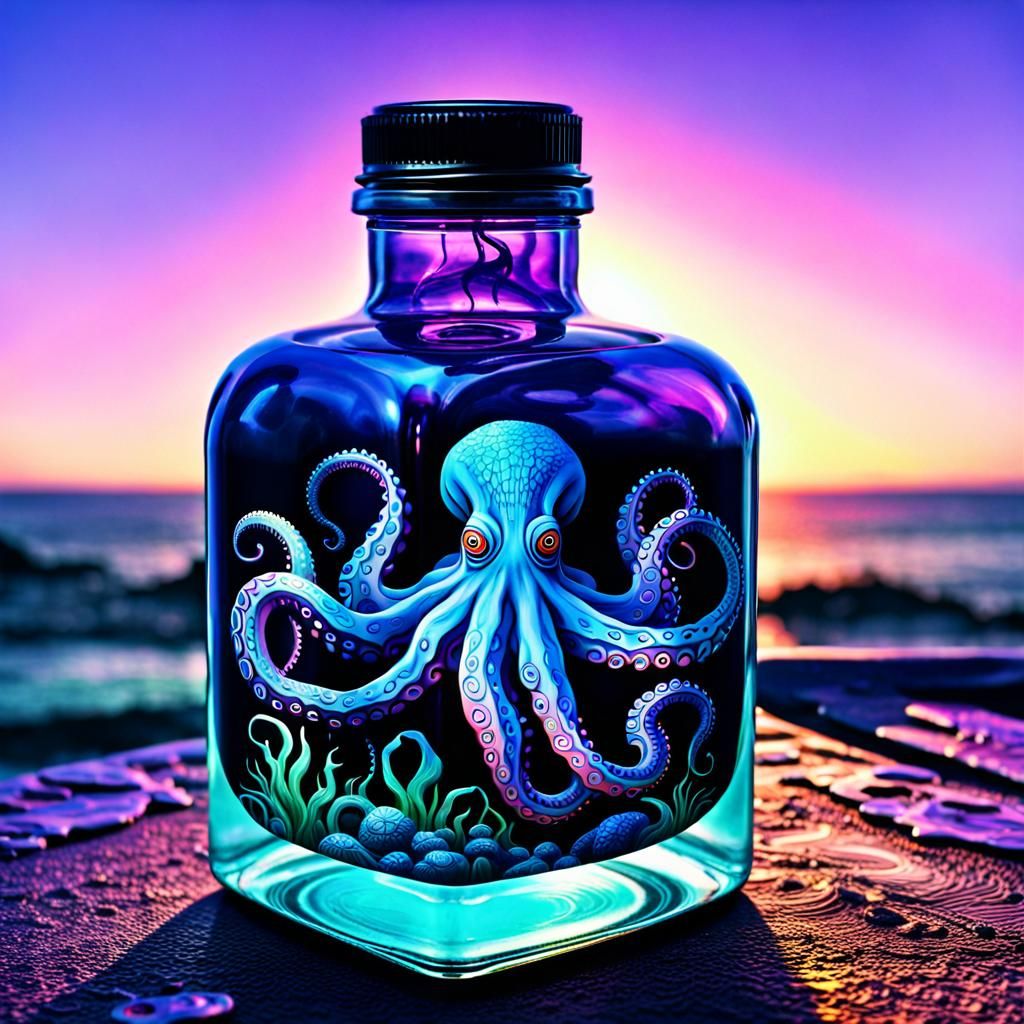 indelible ink bottle, octopus sitting  on top of the lid, ps...