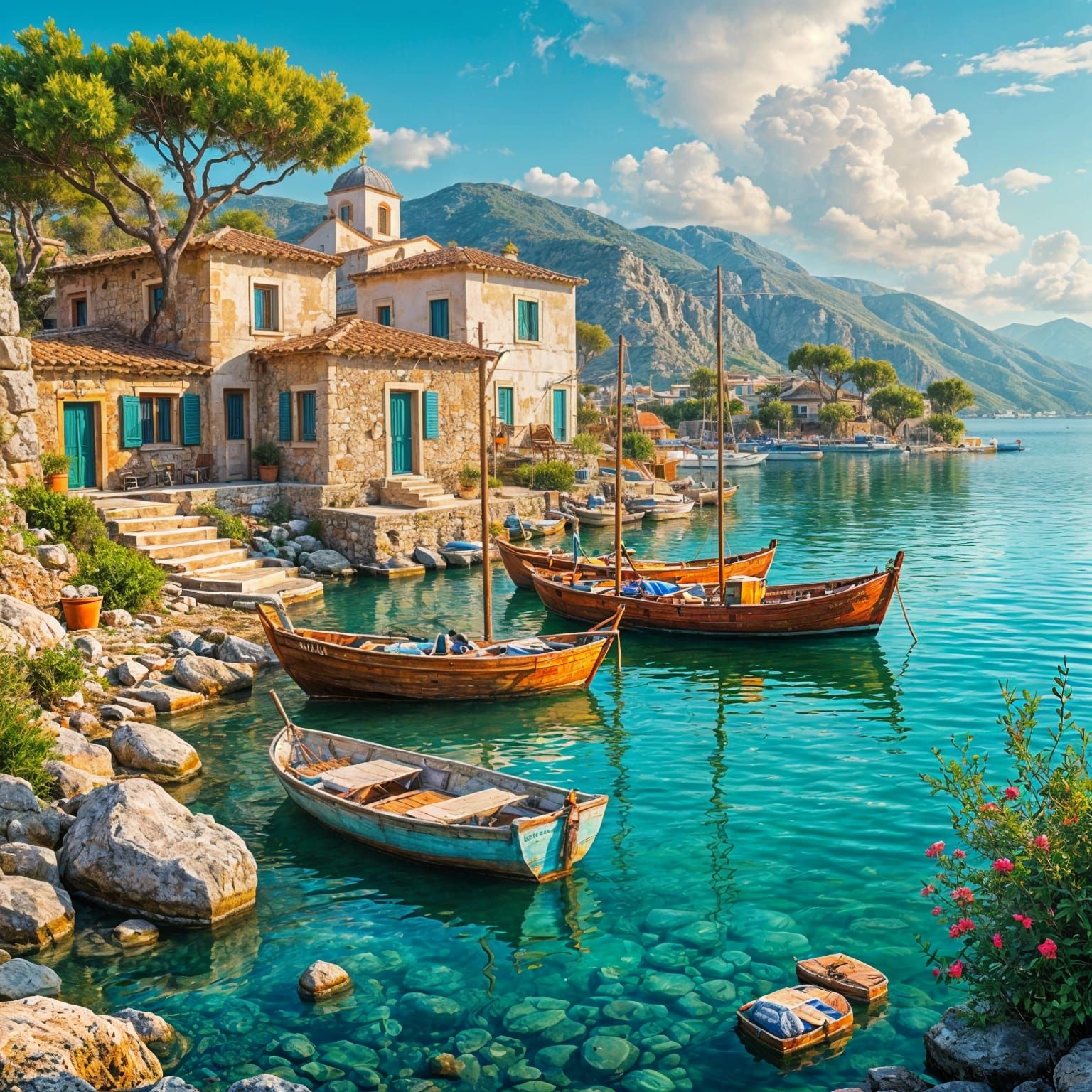 A picturesque marina on a Greek island with fish boats