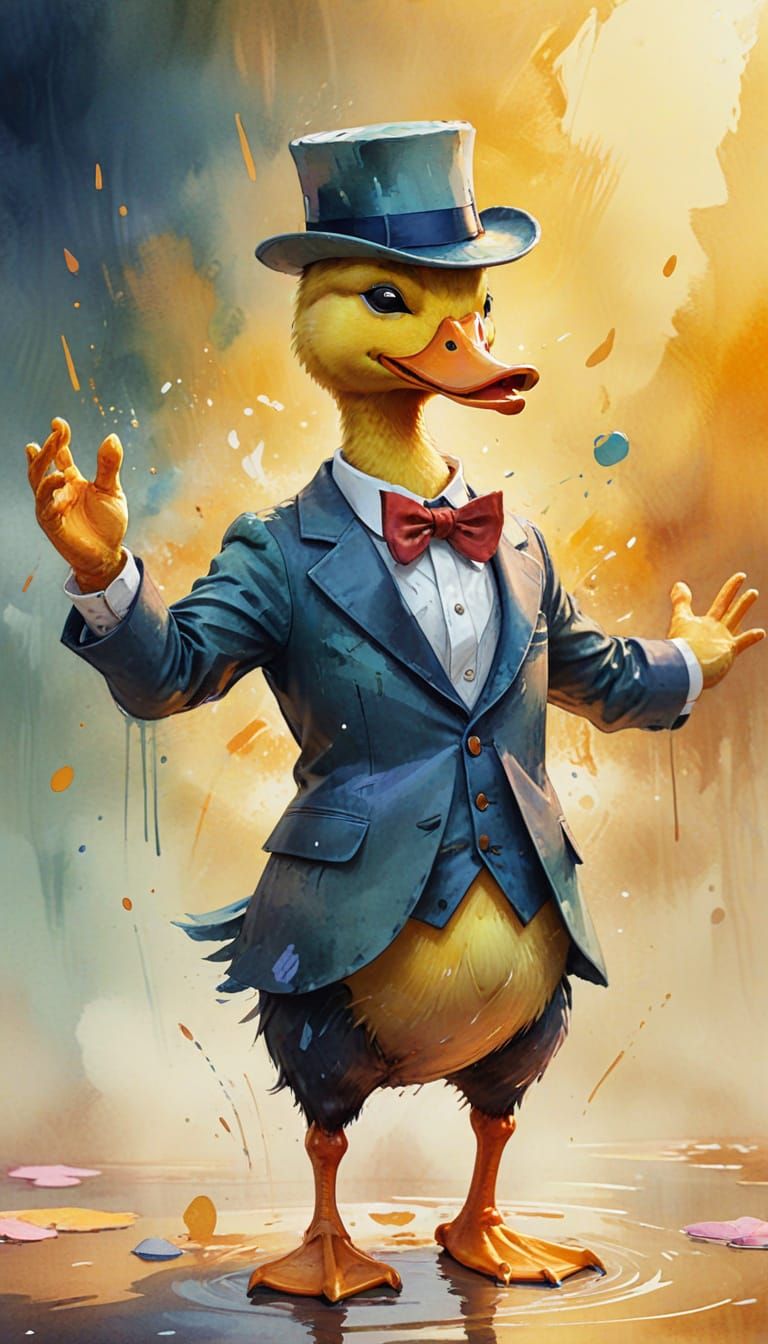 Cartoon Duck Dancing in Watercolor Style