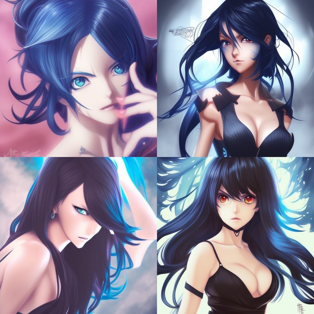 Attractive woman with black wavy hair, blue eyes, anime char...