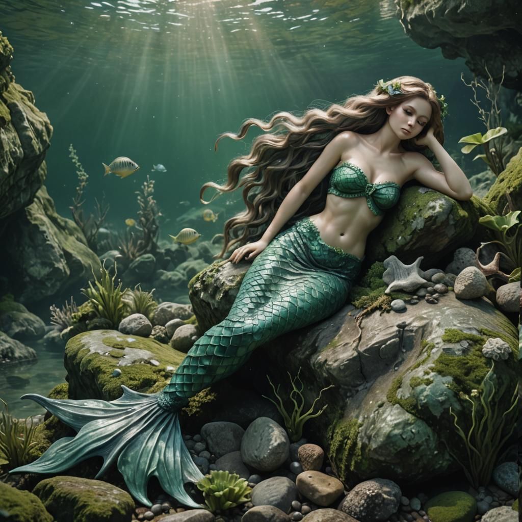 A realistic mermaid lounging on a rock,  