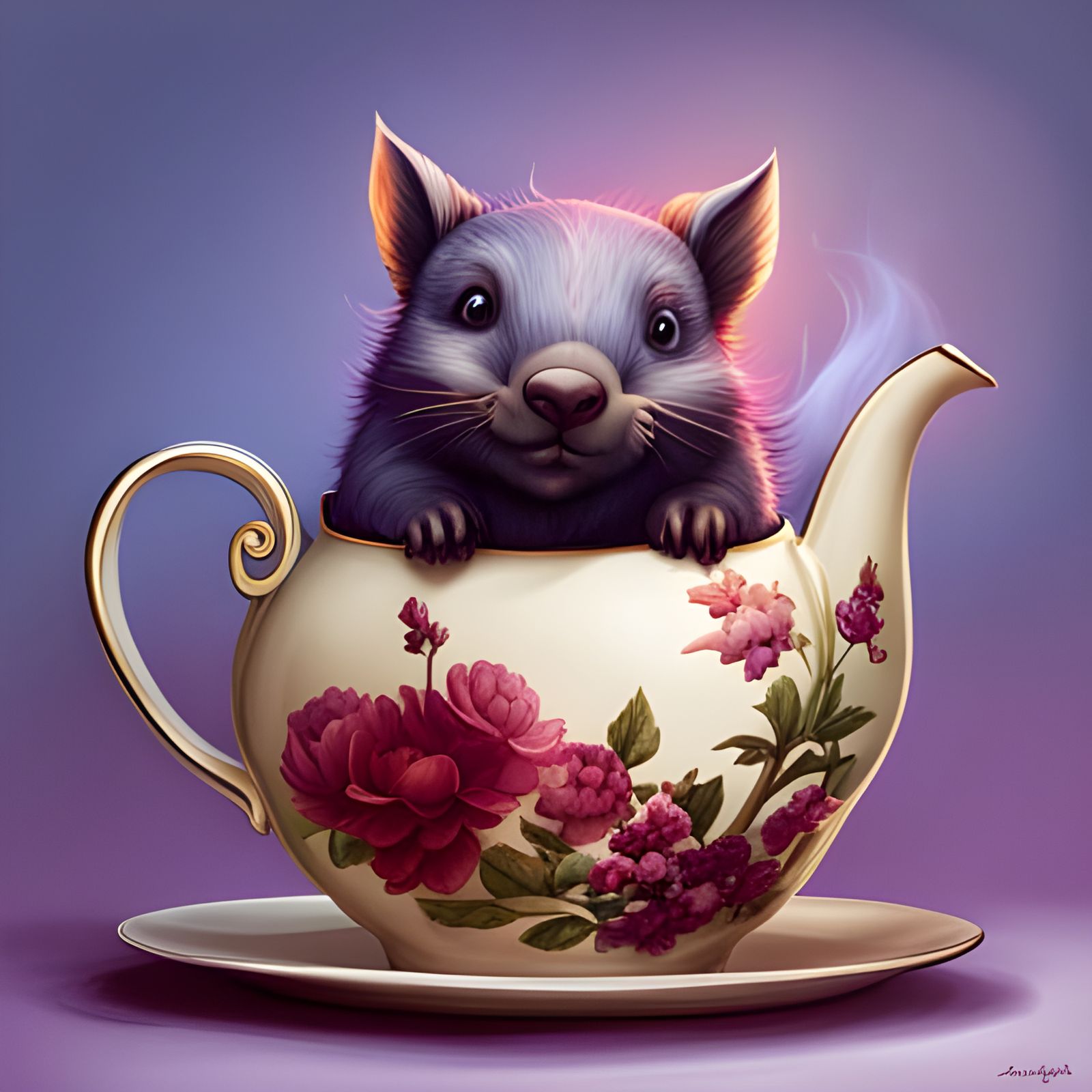 overdetailed cute wombat in a fancy teapot, an explosion of purple