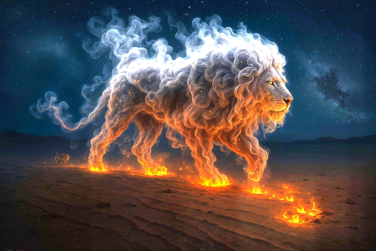 Ethereal Smoke Lion Walking a Burning Desert